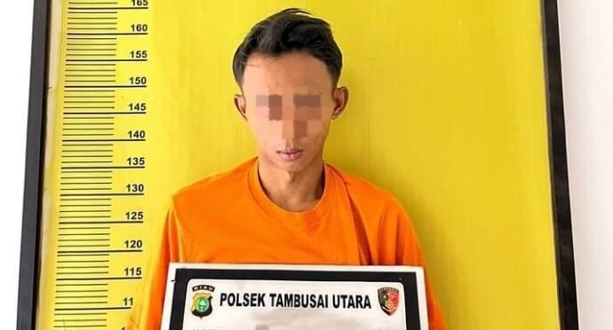 Tersangka berisinial MR (31) saat diamankan di polsek tambusai utara. Dari rumah pelaku di temukan, 14 sabun dengan berat 3,91 gram. | Foto: Polsek Tambusai Utara/Andrean